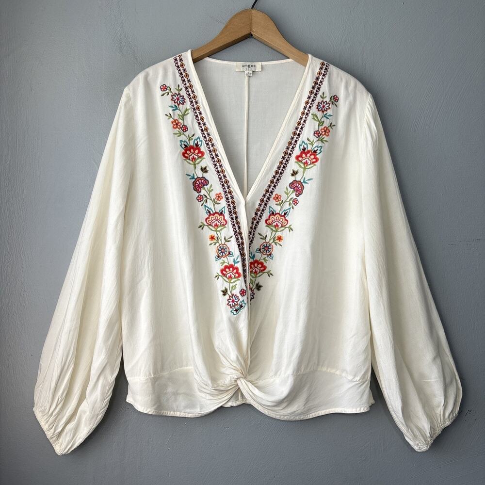 Umgee Floral Embroidered Peasant Top Size Large Cream Boho Ren Faire Poetcore